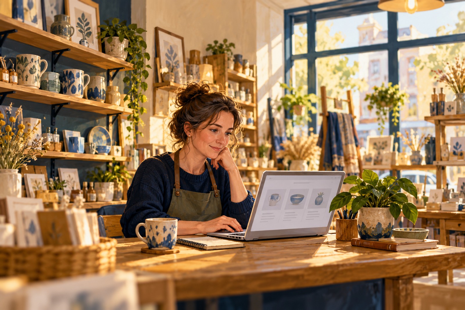 Artist's impression of a representative Swansea shop owner reviewing a business listing, not actual premises or a named owner