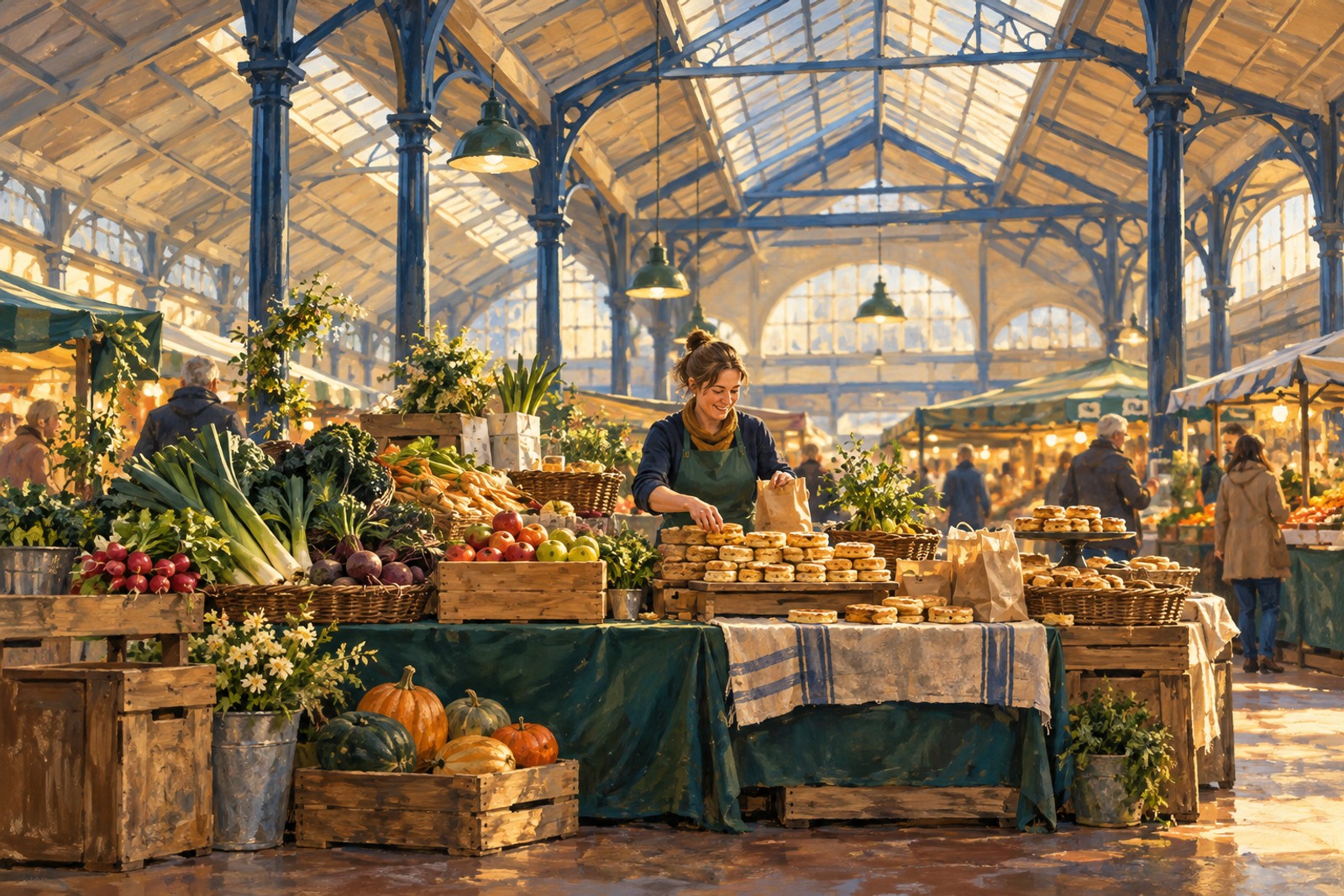 Artist's impression of a representative Swansea market stall, not a portrait of an actual trader