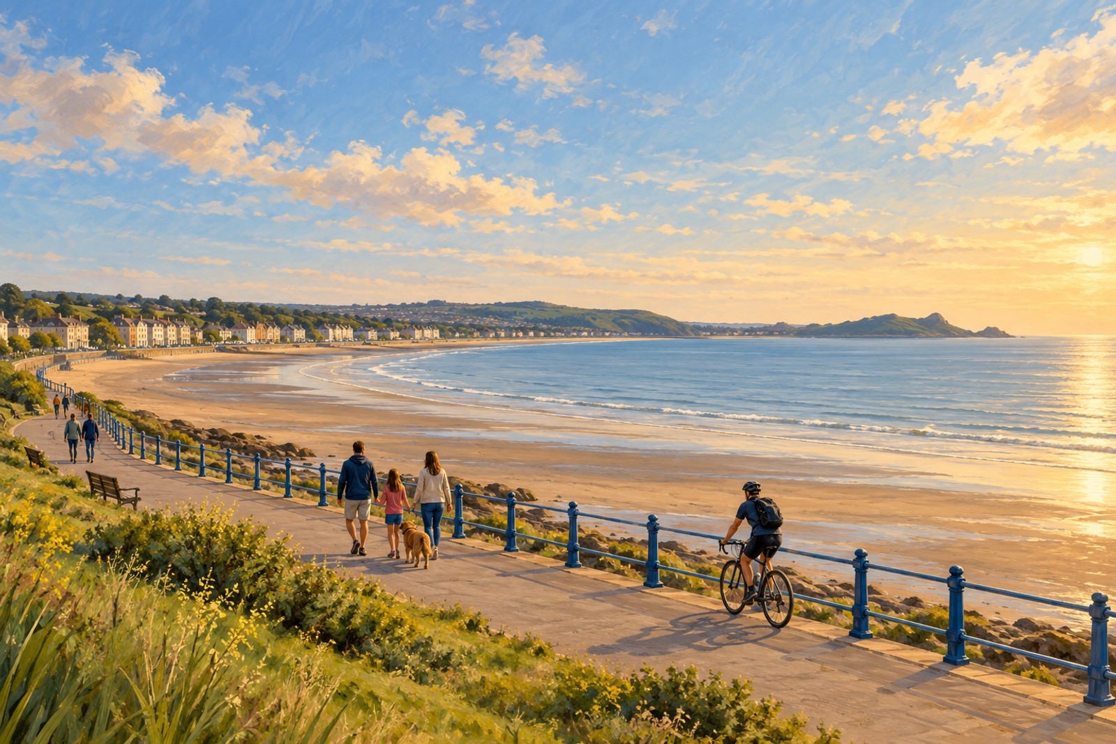 Artist's impression of a relaxed Swansea Bay promenade outing, a representative coastal scene